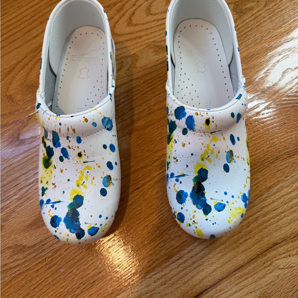 Dansko White Mules with Blue and Yellow Splatter